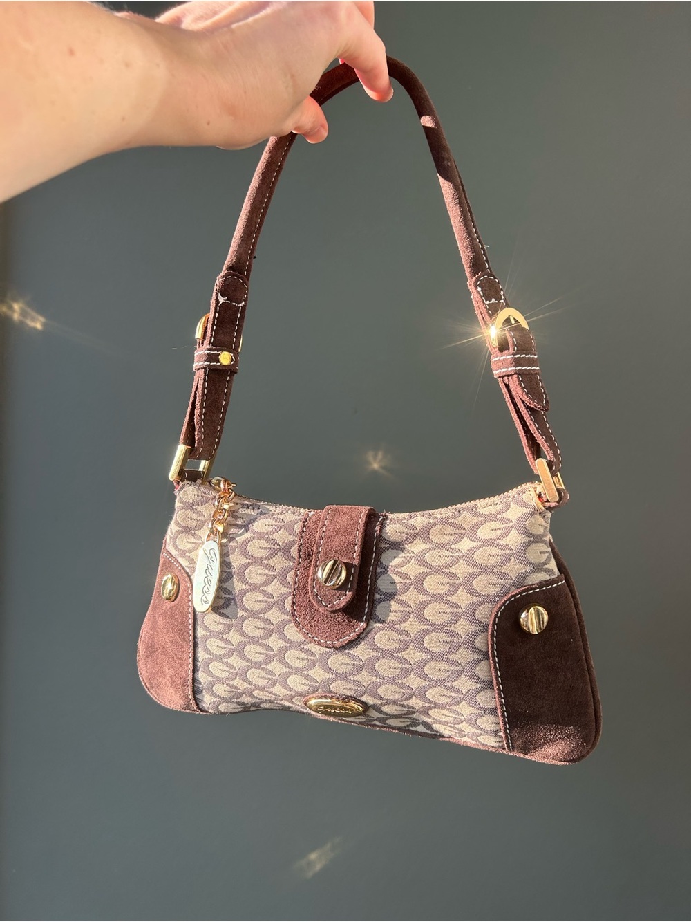 Vintage Mini Guess Brown Canvas and Suede Shoulder Bag